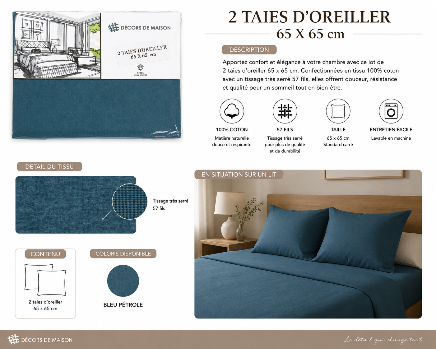 taie d'oreiller 65 x 65 cm