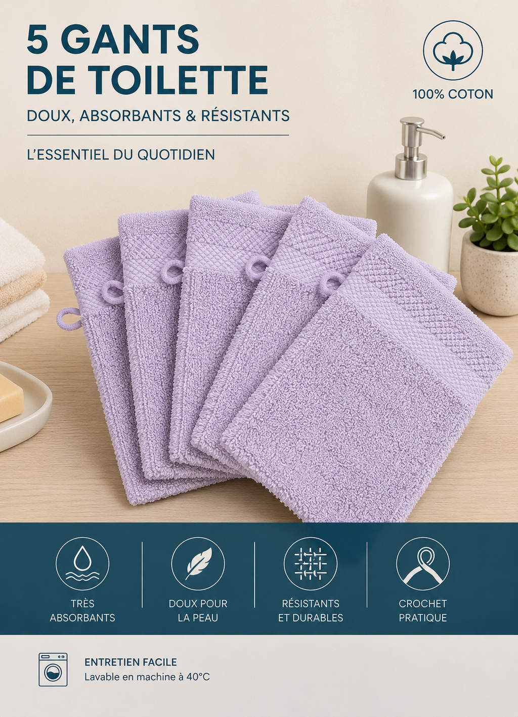 Lots de 5 gants de toilettes