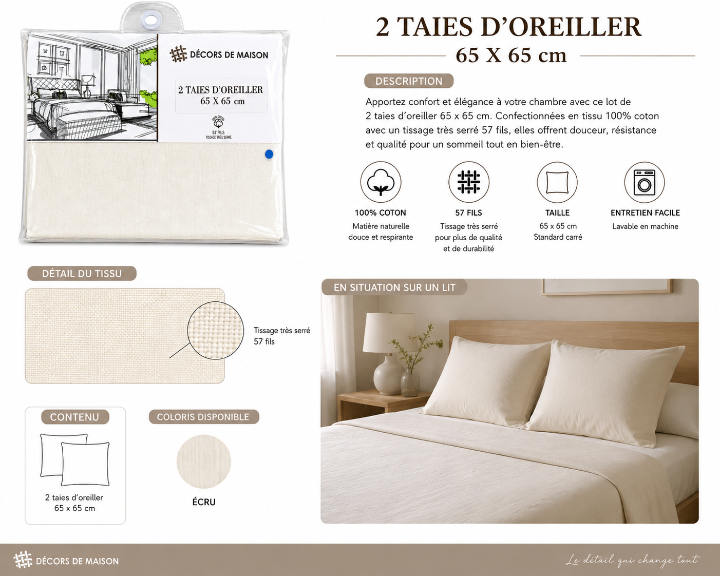 taie d'oreiller 65 x 65 cm